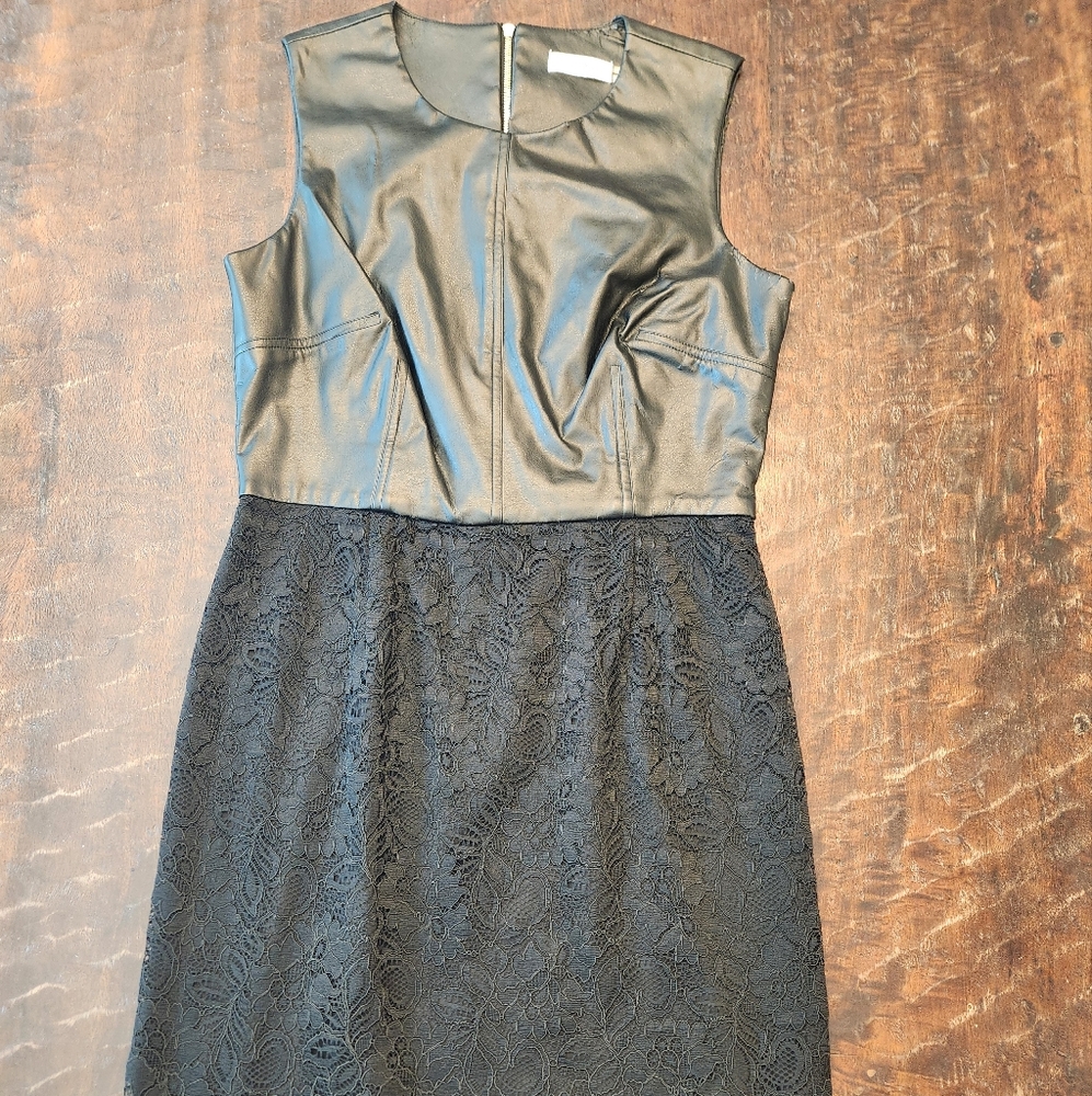 Calvin Klein Faux leather lace bottom Fit & Flare Dress Black Size 6
